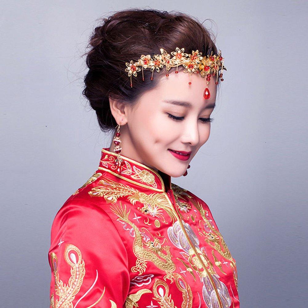 Chinese Red Flower Floral Beaded Flapper Headband Jeweled Bridal Wedding Tiara