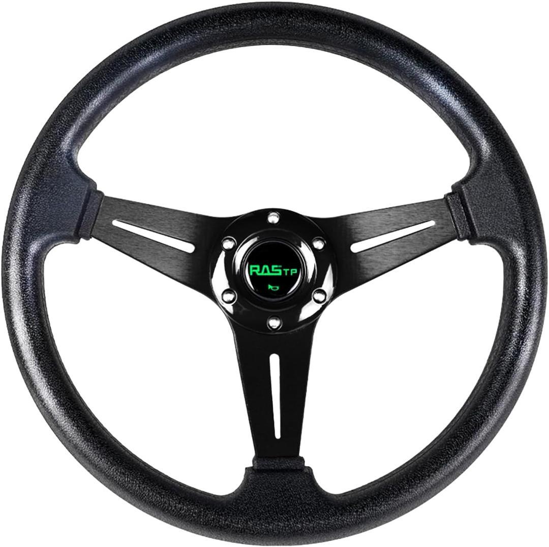 RASTP Universal Racing Steering Wheel 13.8/350mm 6 Bolts Grip Vinyl Leather & Aluminum with Horn Button for Car -Black
