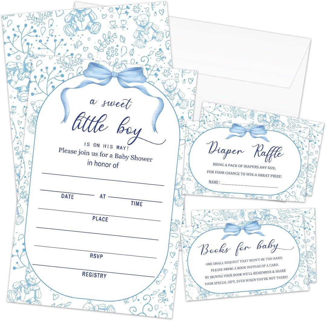 Boy Baby Shower Invitations for Boy, Blue Floral Baby Shower Invites with Envelopes, Set of 25 Gender Reveal Invites Cards with Envelopes & Book Request Cards & Diaper Raffle Tickets -01