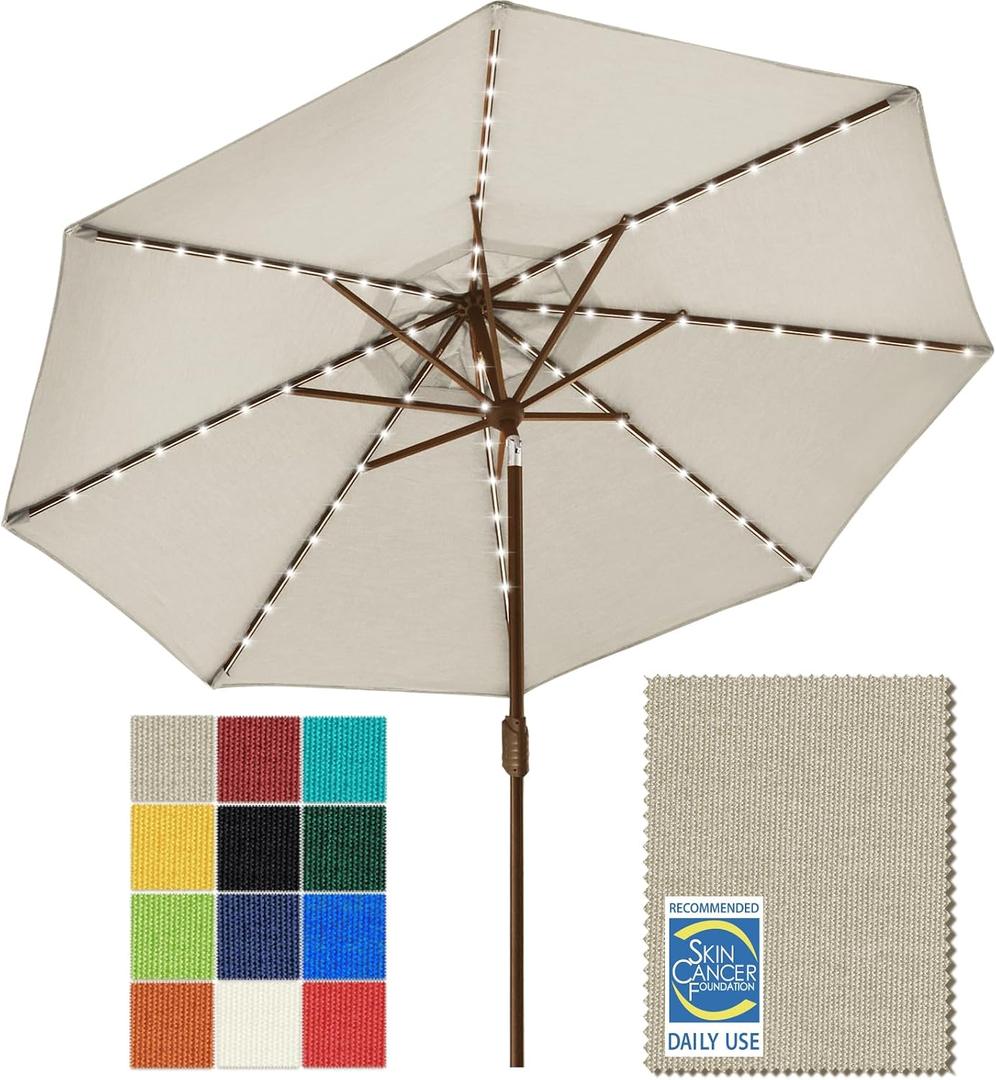 EliteShade USA 10-Year-Non-Fading Solar Market Umbrella with 80 LED Lights Patio Umbrellas Outdoor Table Umbrella with Ventilation, Antique Beige, 9 FT(Single Vent Tilt)