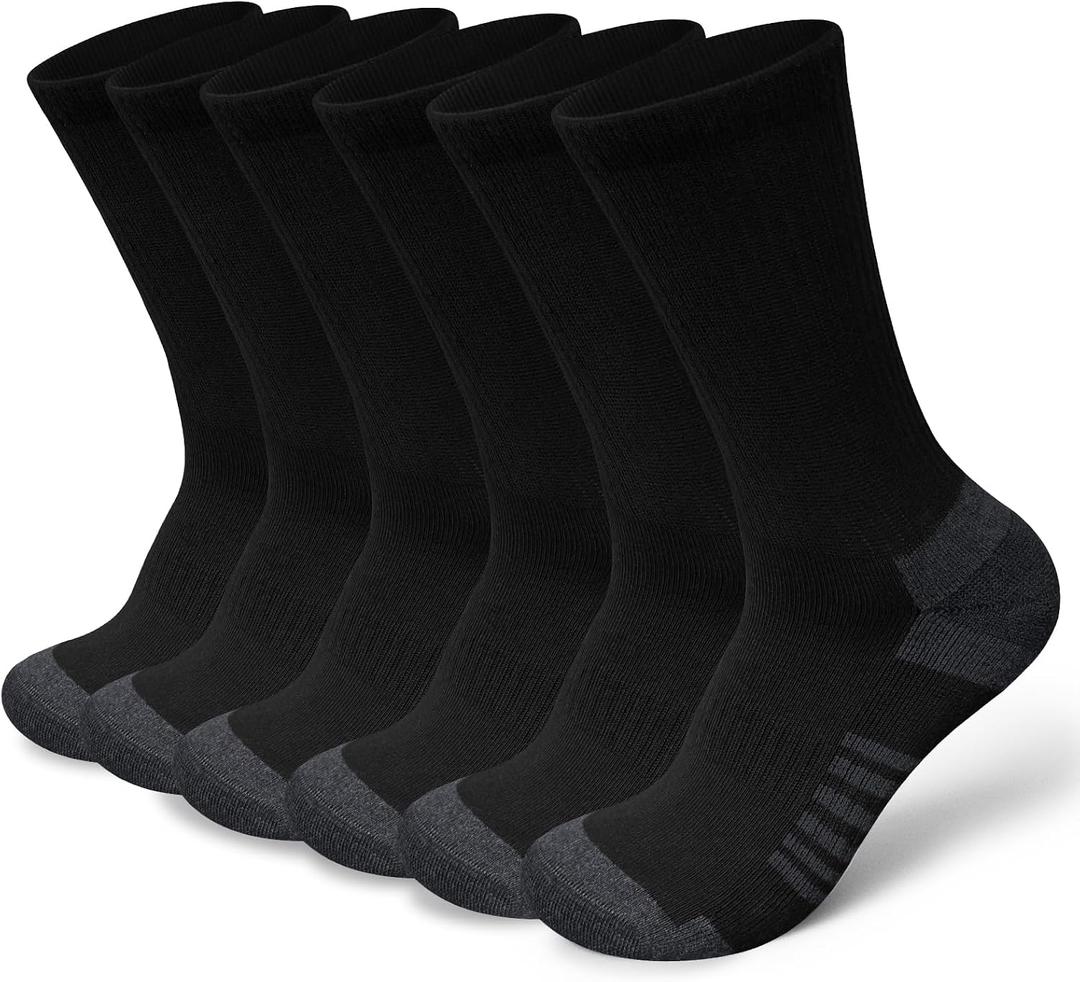 Cotton Crew Socks for Work Hiking, Thermal Warm Winter Boot Sock Cushioned Moisture Athletic Sports Running (6 Pairs) (Black)
