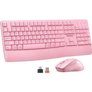 MEETION Wireless Keyboard and Mouse, Full-Sized Cordless Keyboard with Wrist Rest and 3 DPI Adjustable Mouse, Keyboard and Mouse Set with 2.4GHz USB Receiver, for PC/Computer/Laptop/Windows/Mac, Pink