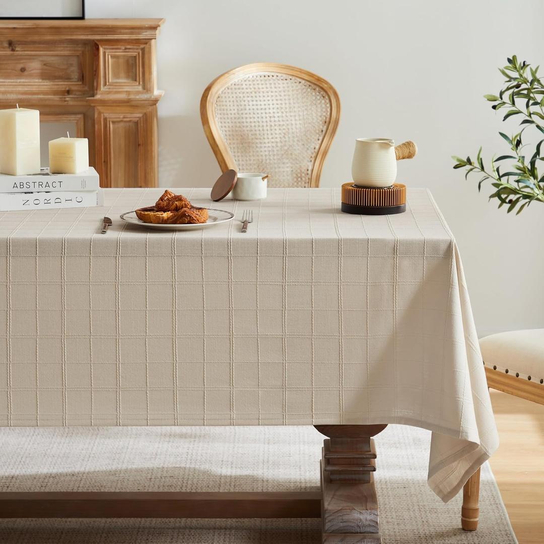 ZeeMart Linen Checked Table Cloth, Farmhouse Style Plaid Embroidered Neutral Tablecloth, Water Resistant Rectangle Table Cloth, Beige 60x84 Inches