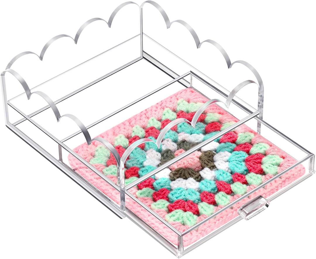 Scalloped Acrylic Tray, 5" x 5" Clear Acrylic Tray with Drawer for Insert Needlepoint, Customizable Photos, Art, Fabric, Napkin, Jewelry Organizer, Modern Desk Decor Gift