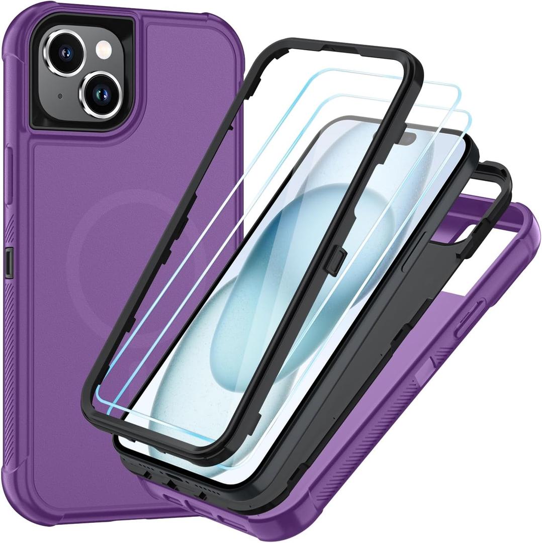 SunStory Magnetic for iPhone 15 Case with HD Screen Protector, Compatible with MagSafe, 3-Layer Heavy Duty Full-Body Cover, 3 in 1 Hybrid Protective Case for iPhone 15 6.1",Purple