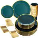LIYH 180 Pcs Clear and Green Gold Plastic Christmas Plates - Emerald Green Disposable Plastic Dinnerware Sets, Include Dishes, Tableware, Cups for Party & Christmas & Wedding 30 Guests