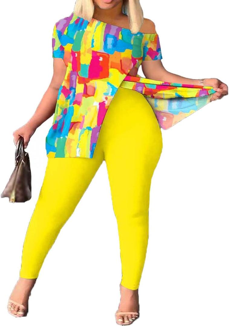 BDAILKA 2 Piece Outfits for Women Casual 2 Piece Outfits Off Shoulder Sets Pants Suit for Women (Yellow,XXL)