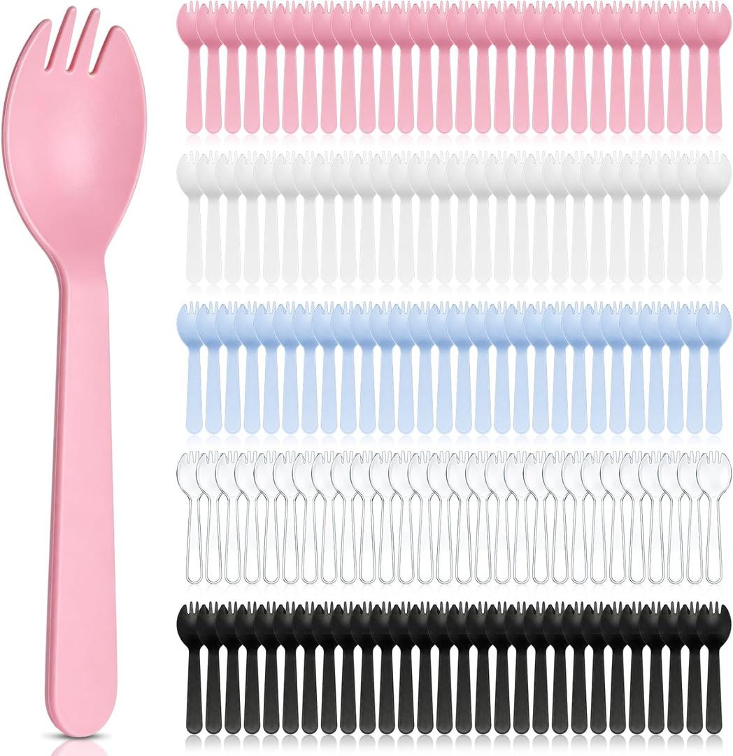 Teenyyou 1000 Pcs Mini Plastic Sporks 4.5 Inch 2-in-1 Utensils Disposable Tasting Spoon Fork Colorful Taster for Party, Catering, Dessert, Ice Cream, Cake, Appetizer, Wedding, To-go Meal, 5 Colors