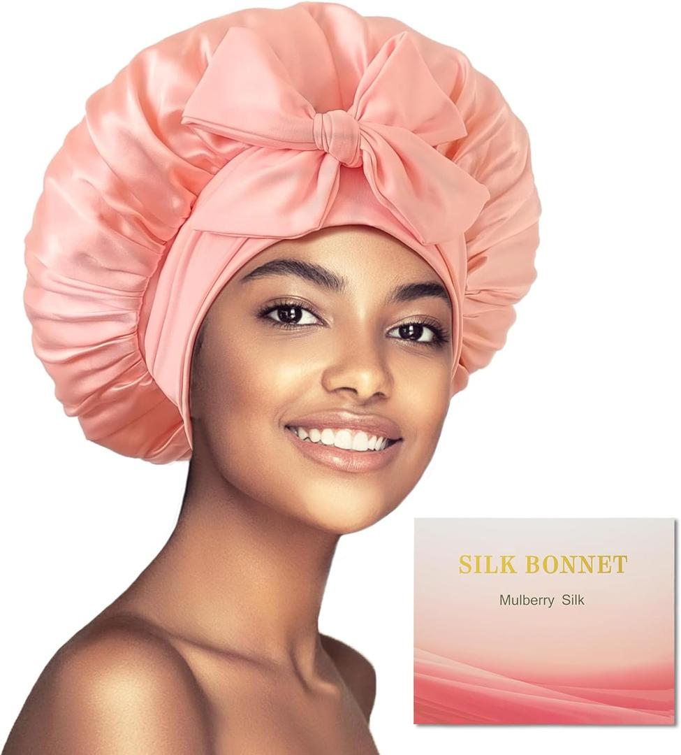 100% Mulberry Silk Bonnet for Sleeping Women, Real Silk Bonnets with Tie Band, Double-Layer Sleep Cap for Braids Curly Hair (Pink)