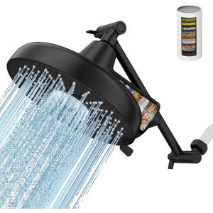 Filtered Shower Head with Extension Arm - EMBATHER 8 Inch High Output Showrhead with 3 Spray Settings, 18 Stage Filter for Hard Water, 11" Adjustable Arm, Brass Swivel Ball Jiont, Matt Black