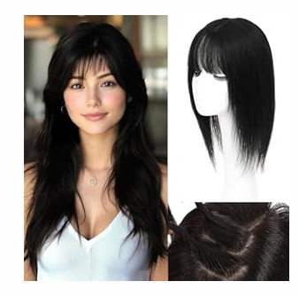HVVZOY Hair Toppers for Women Real Human Hair, 360°3D Big Basement Cover Topper for Women with Thinning Crown with Wispy Clip in Bangs Realistic Scalp (Black, Wispy Bangs 16INCH)
