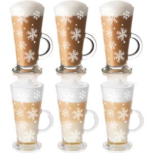 Sliner 6 Pcs Christmas Glass Coffee Mugs with Handle 9 oz Clear Irish Coffee Mugs Footed Xmas Glasses Winter Holiday cups for Chocolate Cocoa Xmas Gift(Snowflakes)