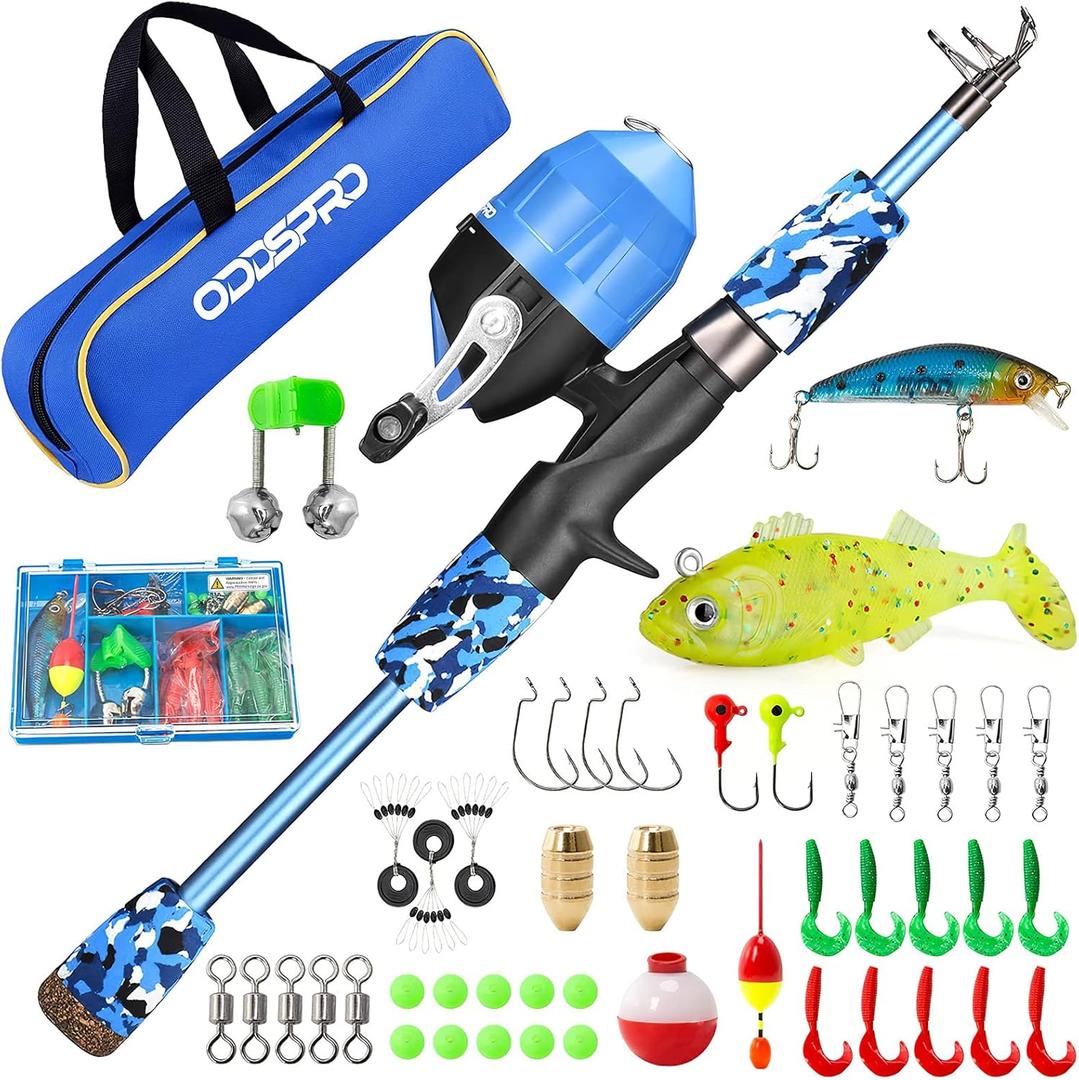 ODDSPRO Kids Fishing Pole Pink, Portable Telescopic Fishing Rod and Reel Combo Kit - with Spincast Fishing Reel Tackle Box for Girls, Youth (4.92 ft, Blue)