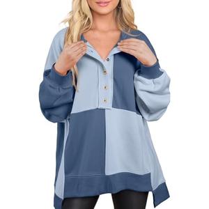 SHEWIN Womens Oversized Color Block Sweatshirts Casual Loose Button Henley Pullover Tops, Small