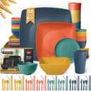 Teivio 88-Piece Kitchen Plastic Wheat Straw Square Dinnerware Sets for 8, Dinner/Salad/Tidbit Plates, Fruit/Snack Bowls, Cups, Flatware, Dishwasher Safe, Unbreakable Outdoor RV Dishes, Fall Multicolor