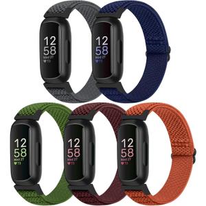 Bcuckood Compatible with Fitbit Inspire 3/Inpsire 2/Inspire/Inpsire HR/Ace 2/Ace 3 Watch Bands, Elastic Adjustable Replacement Wristband Women Men Stretchy Soft Sport Nylon Loop Straps (Grey+Indigo+Olive Green+Wine Red+Orange)
