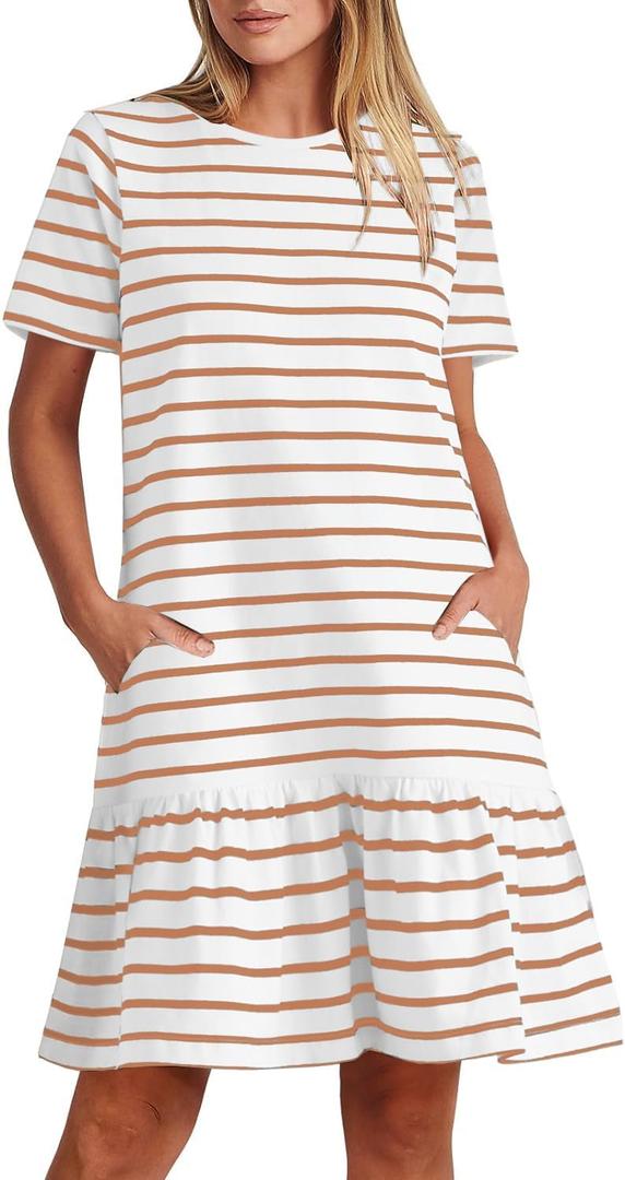 MITILLY Women's Casual Summer T Shirt Dress 2025 Striped Loose Short Sleeve Tunic Dress with Pockets (Brown) Small 