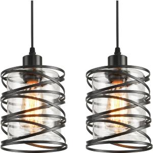 2 Pack Black Spiral Cage Pendant Lights with Clear Glass Shade, Suitable for Kitchen Island, Dining Table, Entryway, Restaurant