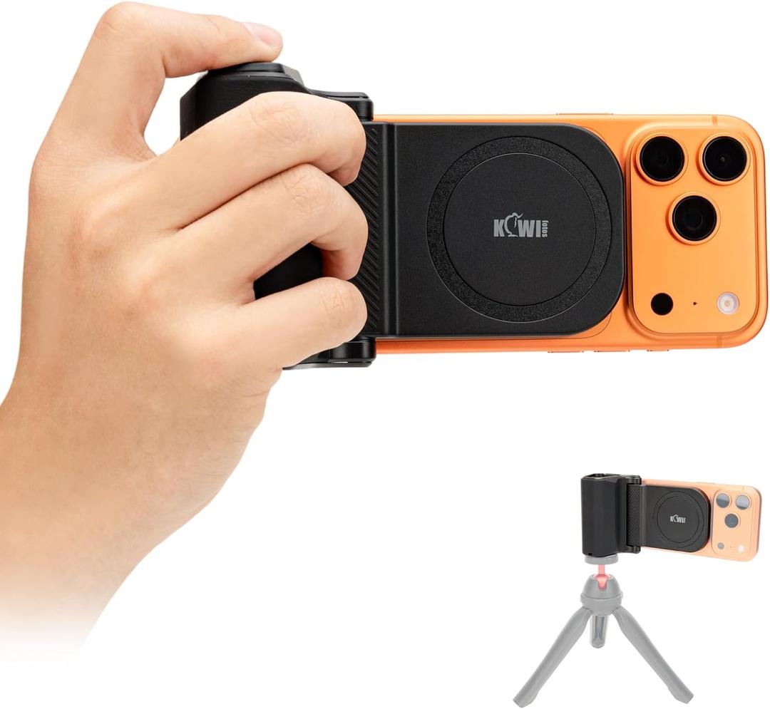 KIWIFOTOS Magnetic Phone Camera Grip for iPhone 17 Magsafe Handle with Bluetooth Remote & Tripod Mount Adapter for iPhone 16 15 Pro Max Samsung Smartphone Vlog Video Shooting