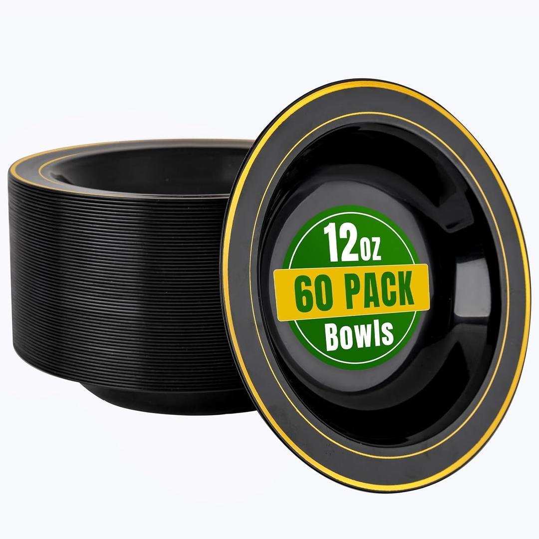 bUCLA 60 Pack Black Plastic Bowls with Gold Rim - 12 oz Plastic Soup Bowls Disposable for Wedding, Party, Gathering & Graduation