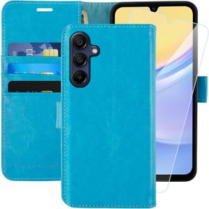 MONASAY Wallet Case Compatible for Samsung Galaxy A15 5G, [Included Glass Screen Protector][RFID Blocking] Flip Folio Leather Cell Phone Cover with Credit Card Holder, Light Blue