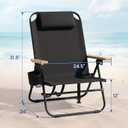 Cansky Portable Beach Chair for Adults, Outdoor Lightweight Camping Chair with Wooden Desgin Armrests, 5-Position Reclining Flat Lay, Cup Holder, Zipper Pouch, Backpack Design, No Towel Rack, Black, 24.5 inches x 24 inches x 31.5 inches