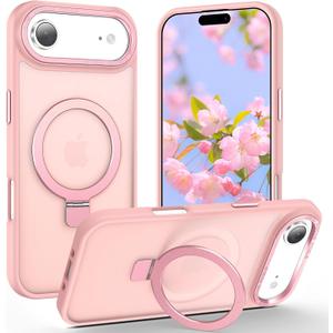 Magnetic for iPhone Air Case with Ring Stand, [10 FT Drop Protection] [Velvety Touch] Slim Translucent Matte Back Shockproof Phone Case for iPhone 17 Air 6.5'', Pink