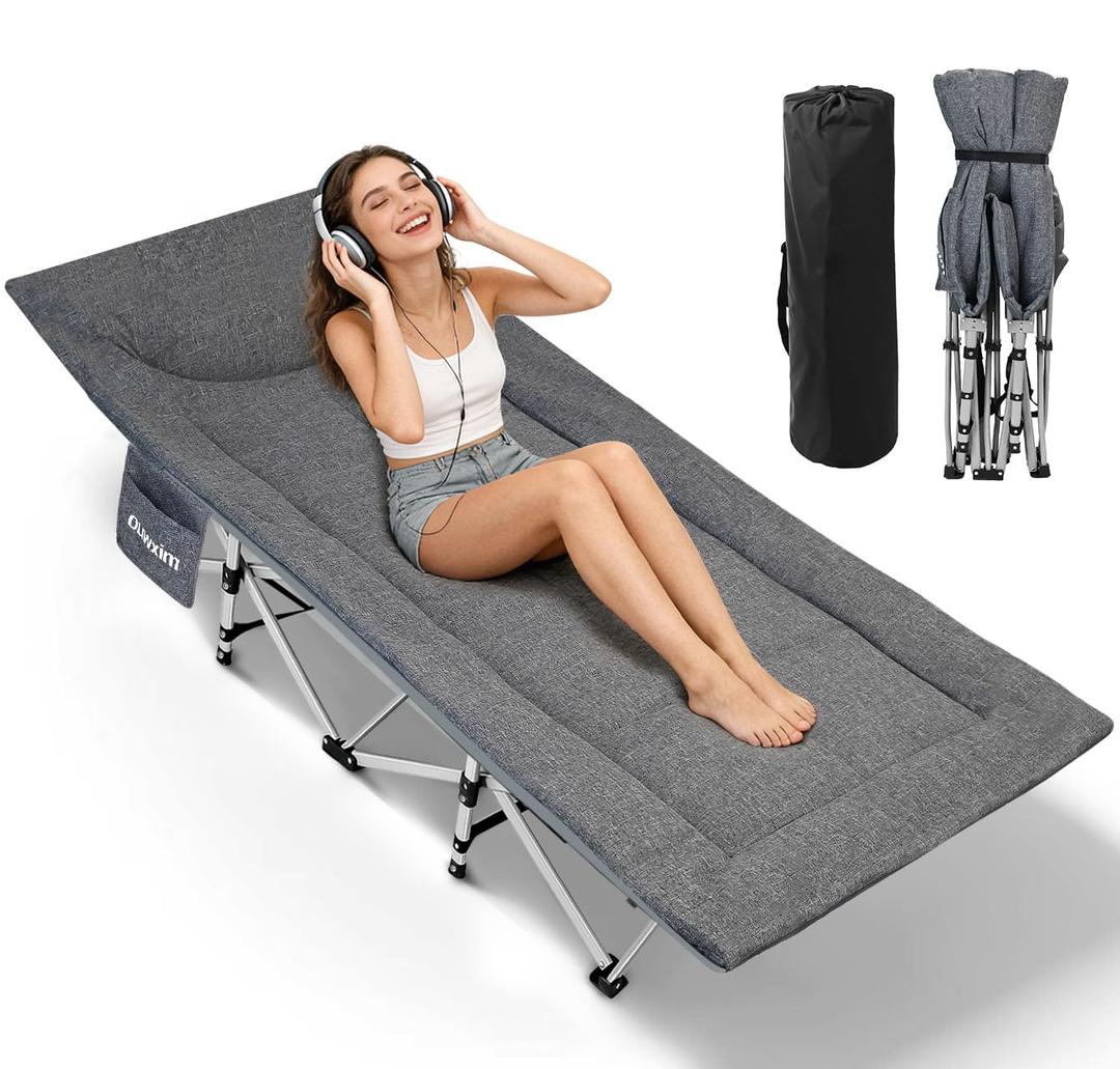 Ouwxim Folding Camping Cot-with Cushion and Pillow,Sleeping Cots for Adults, Grey 25 x 75 x 14 inches