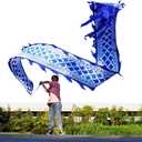5 Meters (16.4 FT) Blue Scale Dragon Silk-Like Flowy Spinning & Shaking Poi, Outdoor Flinging Fitness Dragon Dance Wu Long 3D Dragon Ribbon Streamer with Adjustable Fiberglass Handstick + Travel Bag!