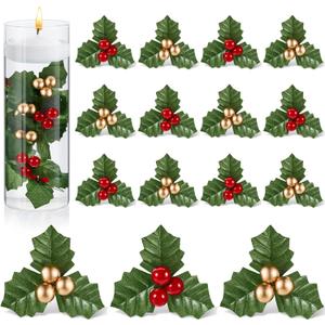 50 Pcs Christmas Holly Berries for Crafts Faux Berries Flowers and Holly Leaves Christmas Wreath Fillers for Vase Fillers Floating Candle Table Centerpiece(Red, Gold)