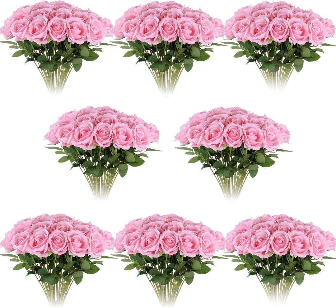 100pcs Artificial Roses in Bulk Fake Silk Roses with Stem Realistic Pink Roses for Home Wedding Centerpieces Party Decorations (100, Pink)