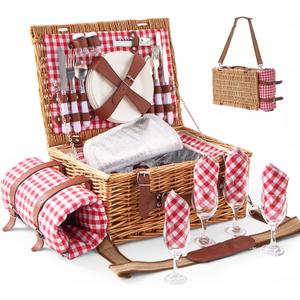 Willow Picnic Basket with Blanket for 4, Insulated Wicker Picnic Basket Set with Cooler Compartment, Plates, Wine Glasses, Cutlery & Napkins, Family Picnic Hamper for Camping, Park, Outdoor