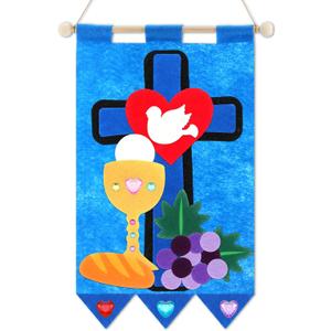Wettarn First Communion Banner Kit for Boys Girls 9 x 12 Catholic Christian Religious Crafts Felt DIY Holy Communion Banner for Kids Sunday School Church Activity Baptism Party Decoration (Sky Blue)