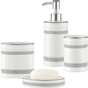 Bathroom Accessories Set, 4-Piece Ceramic Bath Accessory Complete Set with Lotion Dispenser/Soap Pump, Tumbler, Soap Dish and Toothbrush Holder (Rhinestones, White)