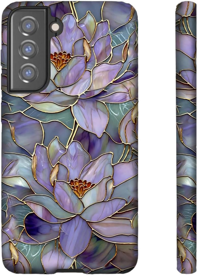 for Samsung Galaxy S22 Ultra, Dual-Layer Hard Shell+Silicone Cover-Shockproof Protective Phone Case for Women Girls- Abstract Lotus