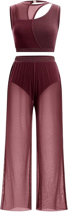 Lyrical Dance Dress for Women 2PCS Chiffon Cross Back Crop Top Ballet Leotard Shorts Mesh Sheer Pants Dance Outfits