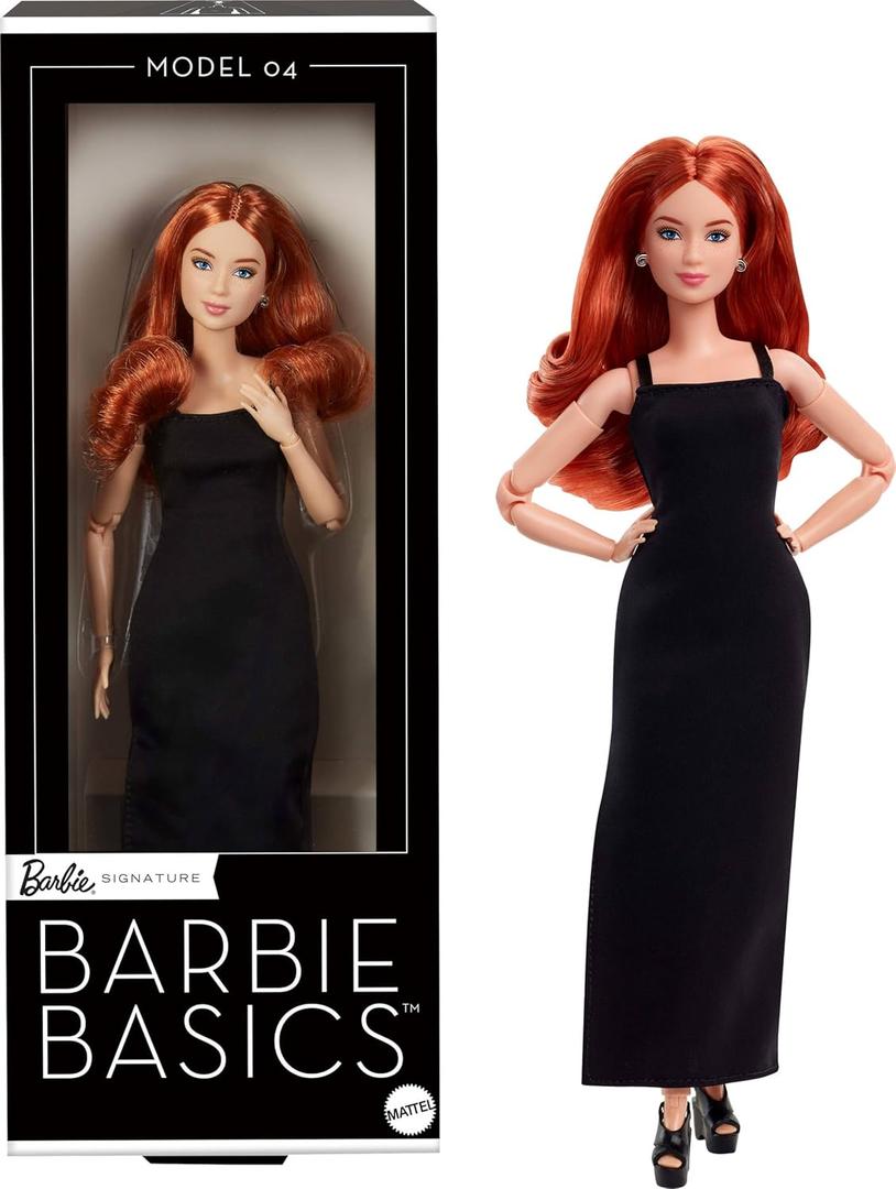 Barbie Basics Model 04 Collector Doll with Red Curly Hair, Black Mini Dress & Boots, Universal-fit Fashions, Posable Petite Body & Swappable Doll Head (Red Hair)
