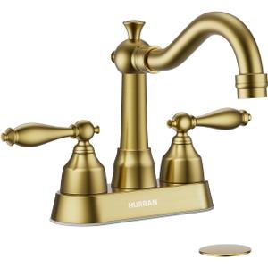 4-inch Centerset Brushed Gold Classical Bathroom Faucet, 2 Handles for 2 or 3 Hole Sink with 360 Swivel Spout, Pop Up Drain Assembly and Supply Hose for Vanity Sink Lavatory Faucet