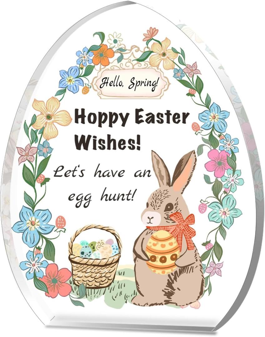 2 x Easter Acrylic Plaque Decor - Hello Spring! Egg-Shaped Gift for Couples with Bunny, Eggs & Basket, Festive Tabletop Decor