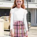 MIGU Girls Clothes Size 6-7 Skirt Set Fall Winter White Ruffle long Sleeve Tops+Pink Plaid Skirt Shorts+Hat Girls Clothing Sets 3Pcs Outfits