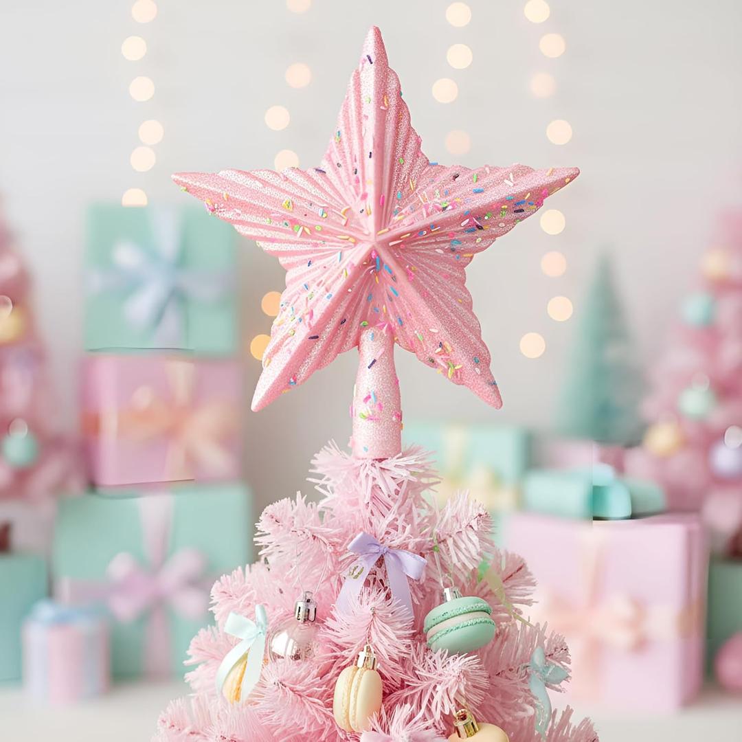 Sosation Pastel Candy Christmas Tree Topper 8.66 Inch Pink Candy Star Treetop Decoration Macaron Tree Topper for Christmas Birthday Party Supplies Pastel Xmas Holiday Decor