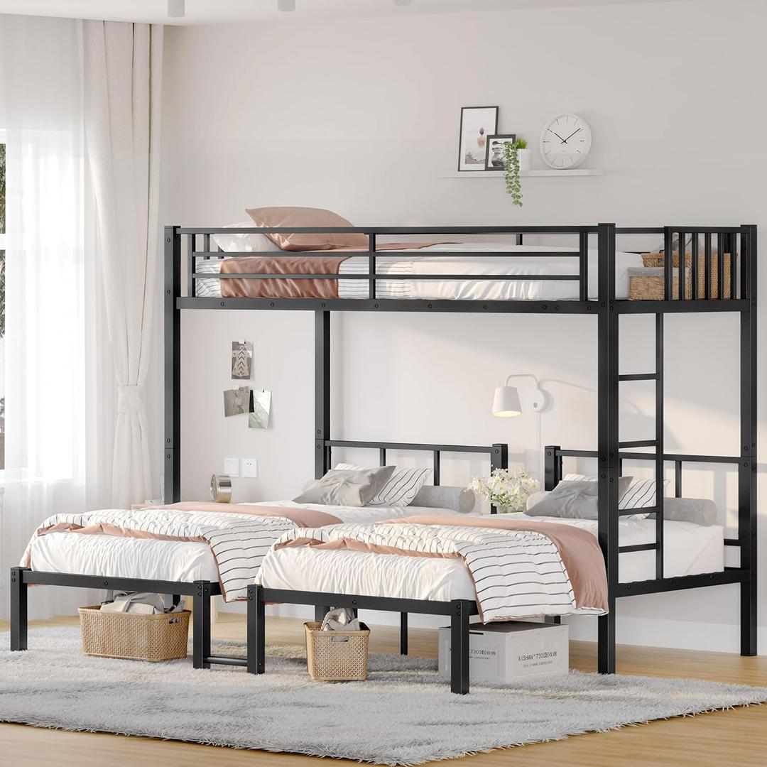 Metal Triple Bunk Bed with Ladder and Guardrails.Separable for Bedroom,No Box Spring Needed (Black 0, Twin XL Over Twin & Twin)