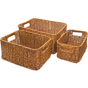 GIB Woven Storage Baskets for Organizing, Plastic Wicker Storage Baskets for Shelves, Waterproof Rectangular Storage Bins Organizers for Closet Pantry Table, Set of 3, Brown