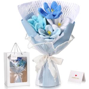Graduation Crochet Flowers Bouquet Gift 2026 Congrats Grad Gift for Women Crochet Tulips Completed Handmade Bouquet with Card for Her Graduates Teacher Appreciation Nurse Birthday Decor(Blue)