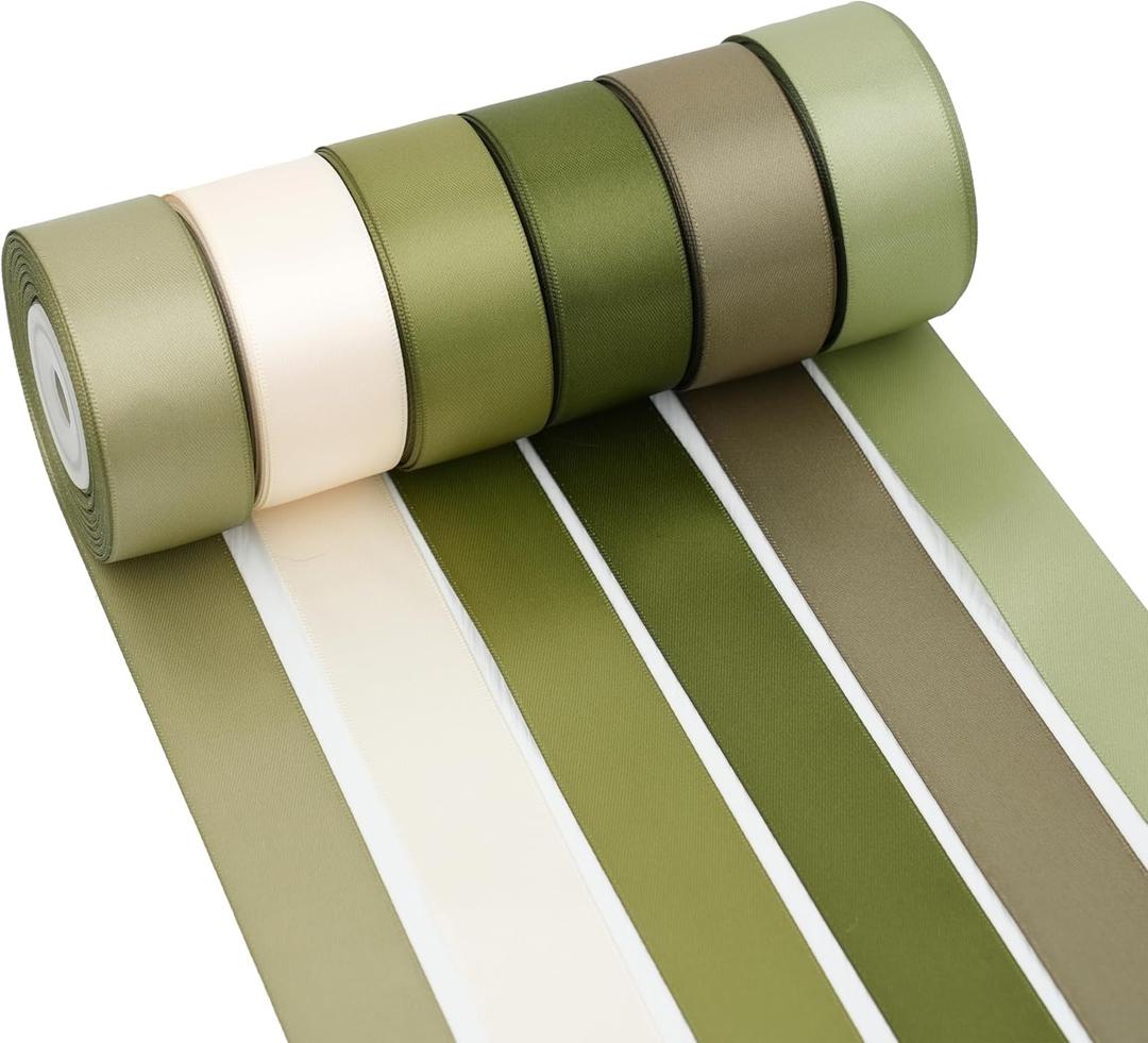 Sage Green Ribbon 1 Inch, Moss Green Double Face Satin Polyester Ribbon, 6 Rolls, 60Yards, Wedding Gift Wrapping Crafts