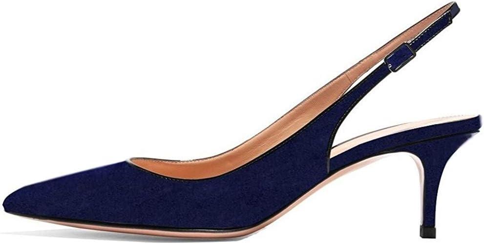 Divanne Slingback Pumps, Women's Pointed Toe Low Heel Sandals Slingback Strap Kitten Heel Pumps Evening Party Wedding Shoes-Navy Blue Suede-7M US