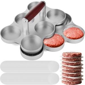 Mini Burger Press Small Meat Patty Maker with 300 Patty Papers Round Shape Press Patty Maker for Mini Hamburger, Barbecue, Picnic, Camping, Six 2.64-inch molds (6 Slots+300 Patty Papers)