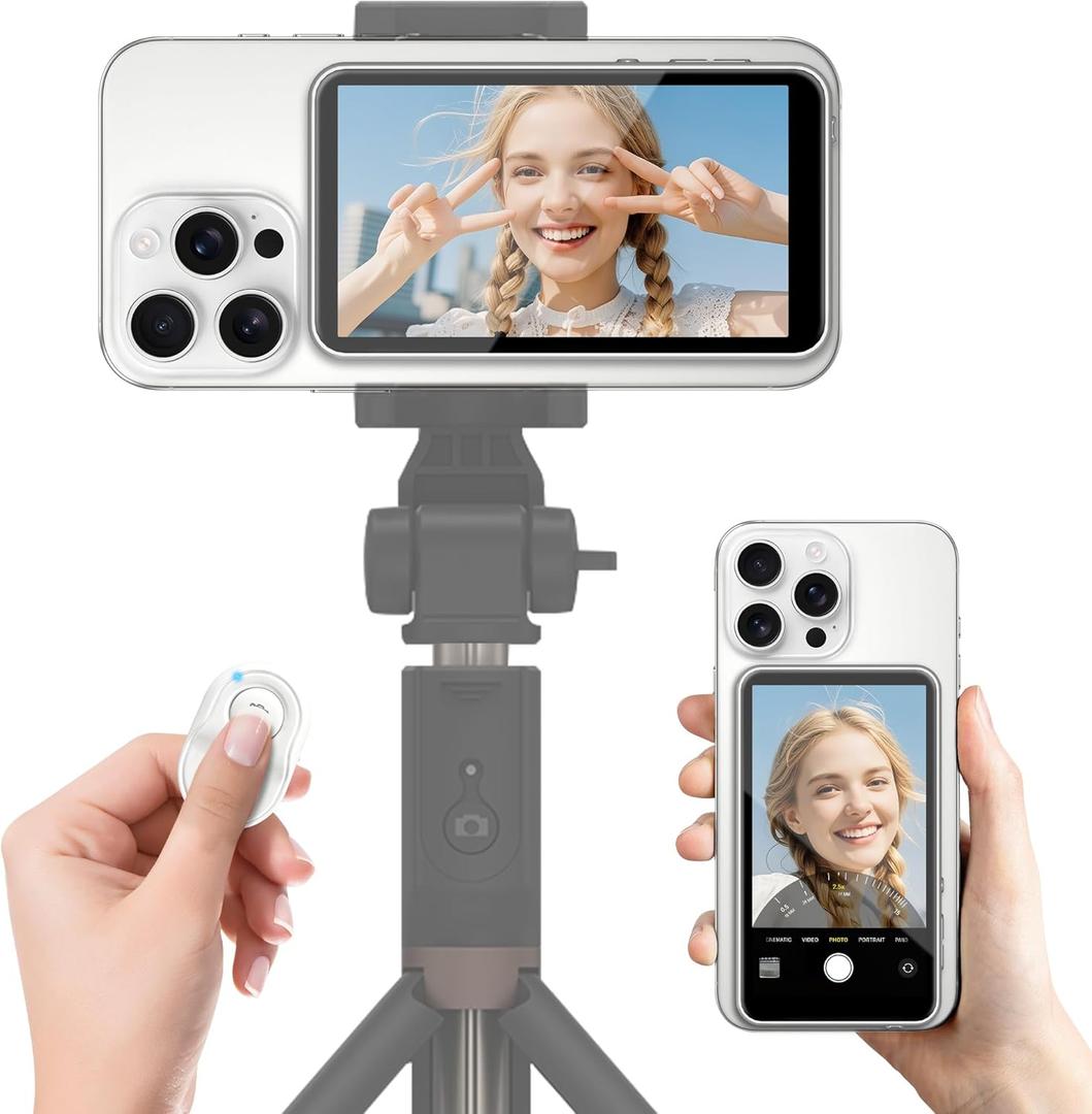 Upgrade Vlog Selfie Monitor Screen for iPhone & Android with Zoom/Remote/Speaker, Magnetic Phone Back Camera Selfie Monitor, Content Creator Essentials, Wireless Mirroring for YouTube Live Streaming (White)