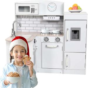 Kids Kitchen Playset Girls&Boys| Pretend Cooking Toy Kitchen Set| Wooden Toddler Kitchen Set| White Corner Play Kitchen for Toddler Kids