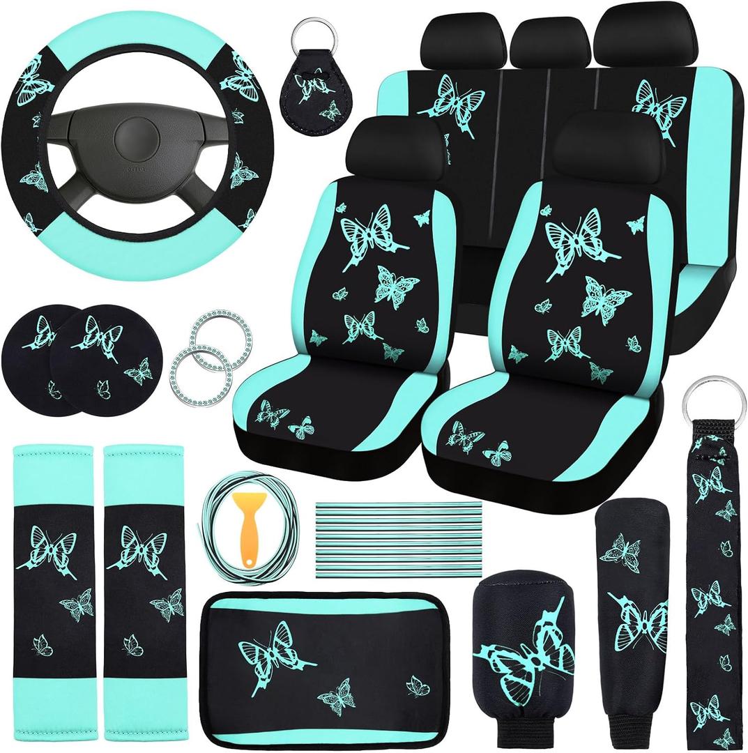 BBTO 43 Pcs Butterfly Car Seat Full Set Butterfly Car Accessories for Women 5 Front Rear Seat Covers Wrist Strap 2 Pcs Cup Mat Armrest Pad 2 Belt Xmas Cover Accessories for SUV(Mint Green, Black)